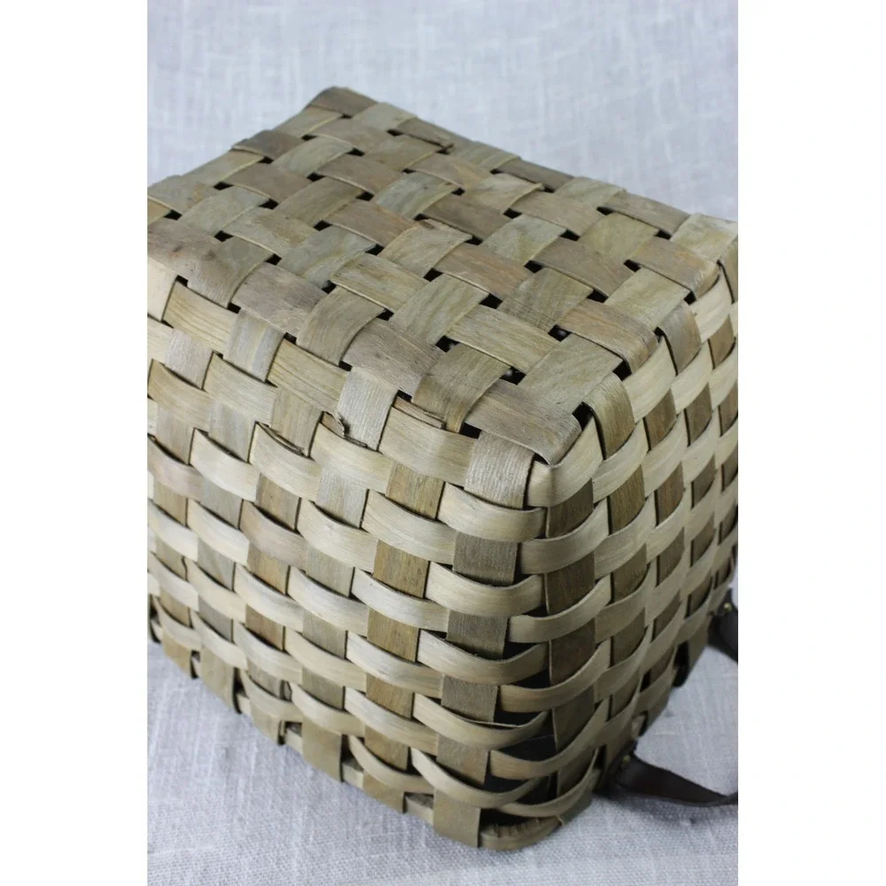 Rustic Woven Wood Splint Basket with Leather Handles Farmhouse Decor
